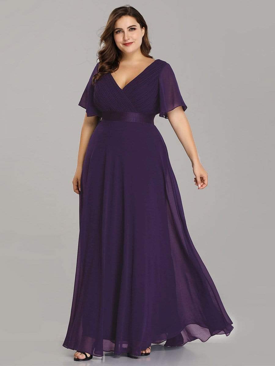 COLOR=Dark Purple | Long Empire Waist Evening Dress With Short Flutter Sleeves-Dark Purple 7