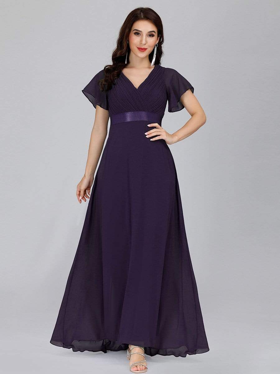COLOR=Dark Purple | Long Empire Waist Evening Dress With Short Flutter Sleeves-Dark Purple 2 COLOR=Dark Purple | Long Empire Waist Evening Dress With Short Flutter Sleeves-Dark Purple 2
