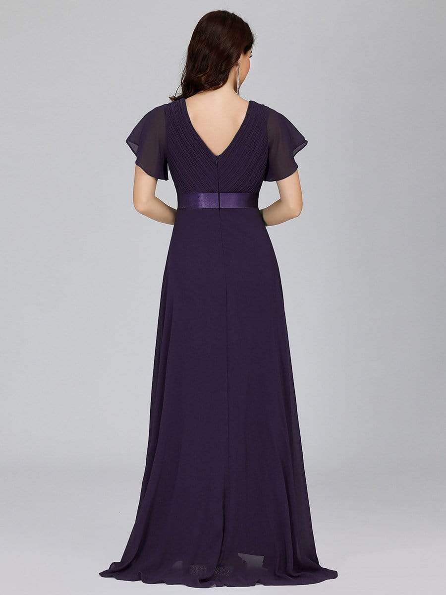 COLOR=Dark Purple | Long Empire Waist Evening Dress With Short Flutter Sleeves-Dark Purple 5 COLOR=Dark Purple | Long Empire Waist Evening Dress With Short Flutter Sleeves-Dark Purple 5
