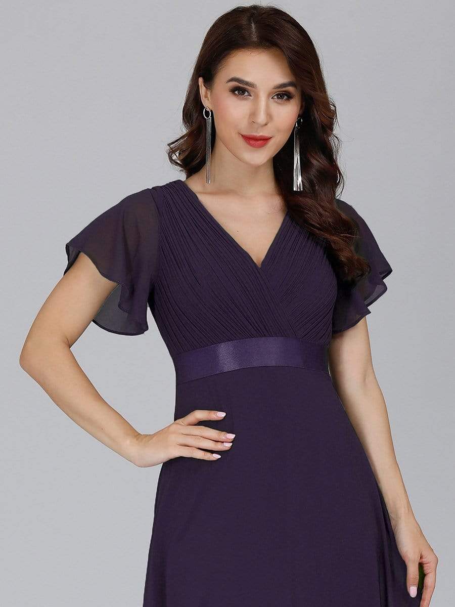 COLOR=Dark Purple | Long Empire Waist Evening Dress With Short Flutter Sleeves-Dark Purple 6 COLOR=Dark Purple | Long Empire Waist Evening Dress With Short Flutter Sleeves-Dark Purple 6