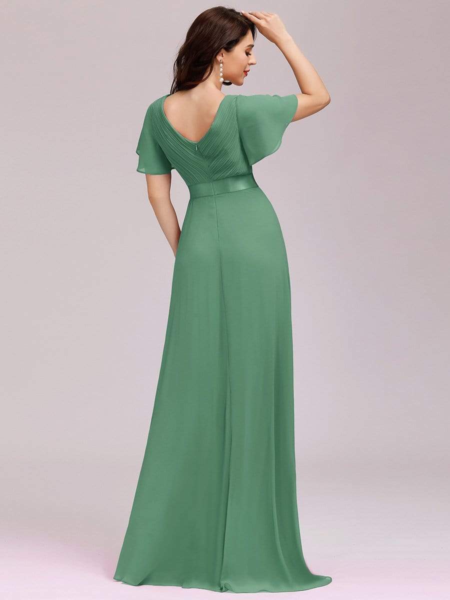 COLOR=Green Bean | Long Empire Waist Evening Dress With Short Flutter Sleeves-Green Bean 2 COLOR=Green Bean | Long Empire Waist Evening Dress With Short Flutter Sleeves-Green Bean 2