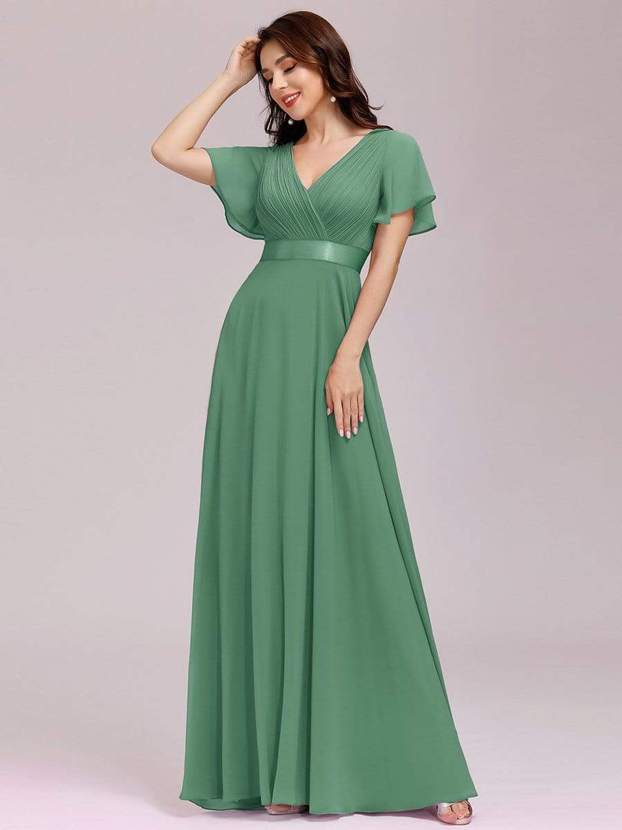 COLOR=Green Bean | Long Empire Waist Evening Dress With Short Flutter Sleeves-Green Bean 3 COLOR=Green Bean | Long Empire Waist Evening Dress With Short Flutter Sleeves-Green Bean 3