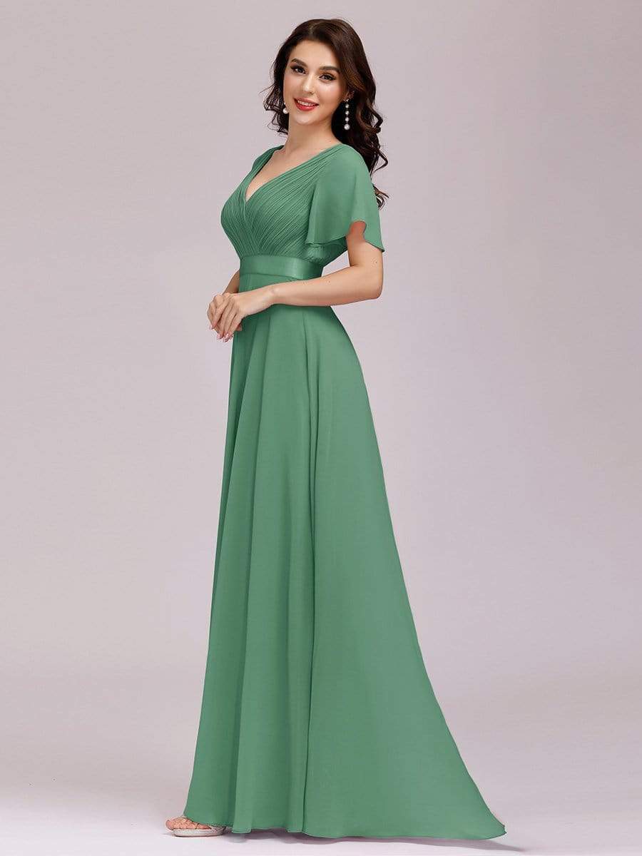 COLOR=Green Bean | Long Empire Waist Evening Dress With Short Flutter Sleeves-Green Bean 4 COLOR=Green Bean | Long Empire Waist Evening Dress With Short Flutter Sleeves-Green Bean 4