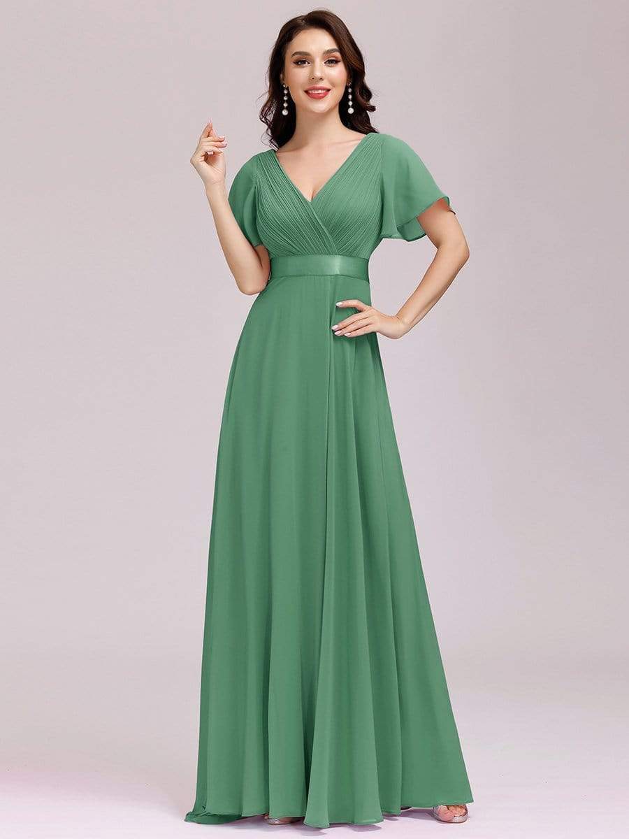 COLOR=Green Bean | Long Empire Waist Evening Dress With Short Flutter Sleeves-Green Bean 1 COLOR=Green Bean | Long Empire Waist Evening Dress With Short Flutter Sleeves-Green Bean 1
