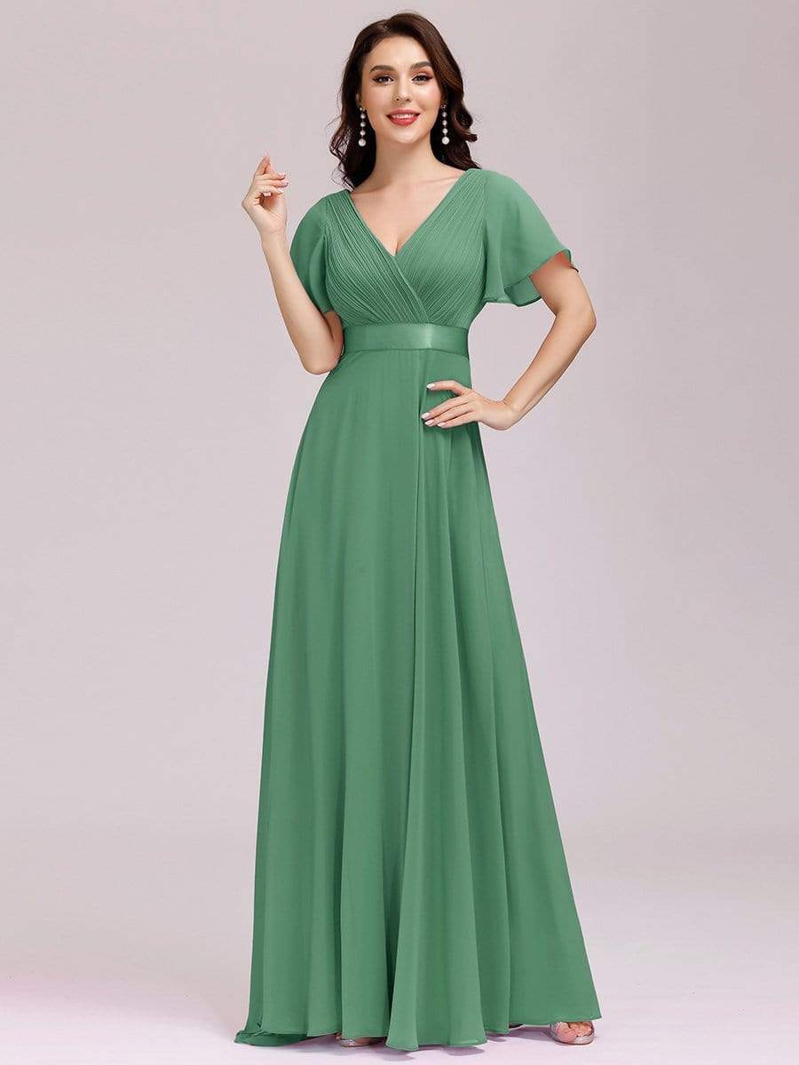 Long Empire Waist Evening Dress with Short Flutter Sleeves