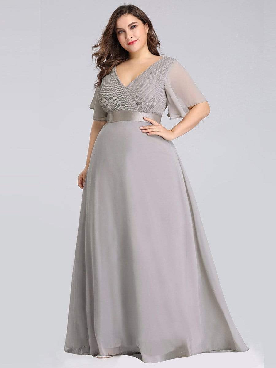 COLOR=Grey | Long Empire Waist Evening Dress With Short Flutter Sleeves-Grey 6 COLOR=Grey | Long Empire Waist Evening Dress With Short Flutter Sleeves-Grey 6