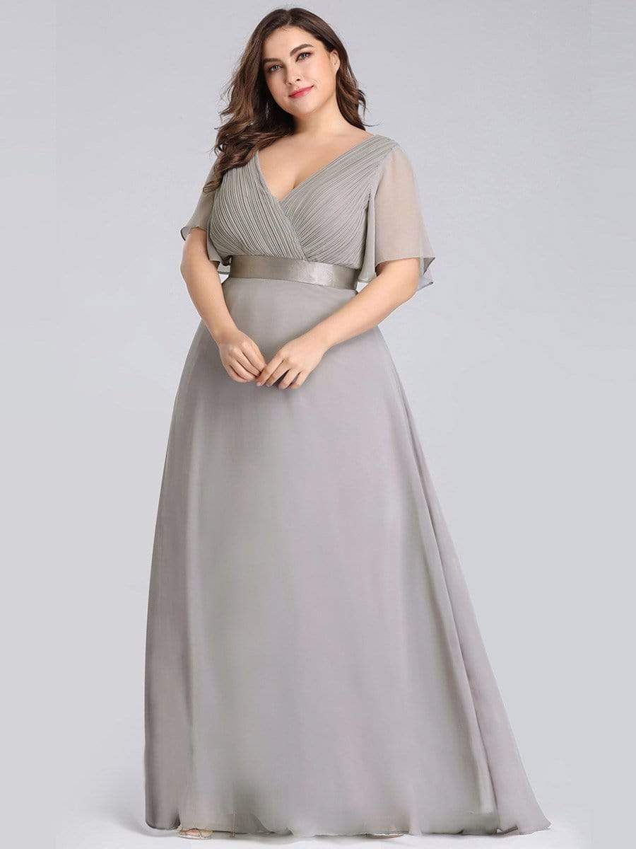 COLOR=Grey | Plus Size Long Empire Waist Evening Dress With Short Flutter Sleeves-Grey 3 COLOR=Grey | Plus Size Long Empire Waist Evening Dress With Short Flutter Sleeves-Grey 3