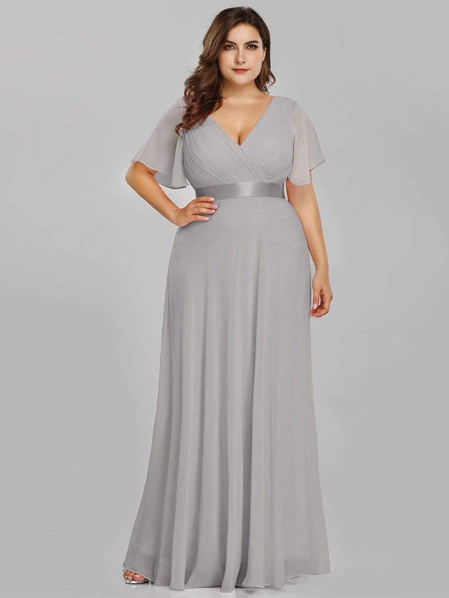 COLOR=Grey | Plus Size Long Empire Waist Evening Dress With Short Flutter Sleeves-Grey 2 COLOR=Grey | Plus Size Long Empire Waist Evening Dress With Short Flutter Sleeves-Grey 2