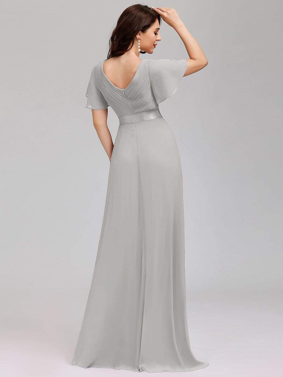 COLOR=Grey | Long Empire Waist Evening Dress With Short Flutter Sleeves-Grey 2 COLOR=Grey | Long Empire Waist Evening Dress With Short Flutter Sleeves-Grey 2