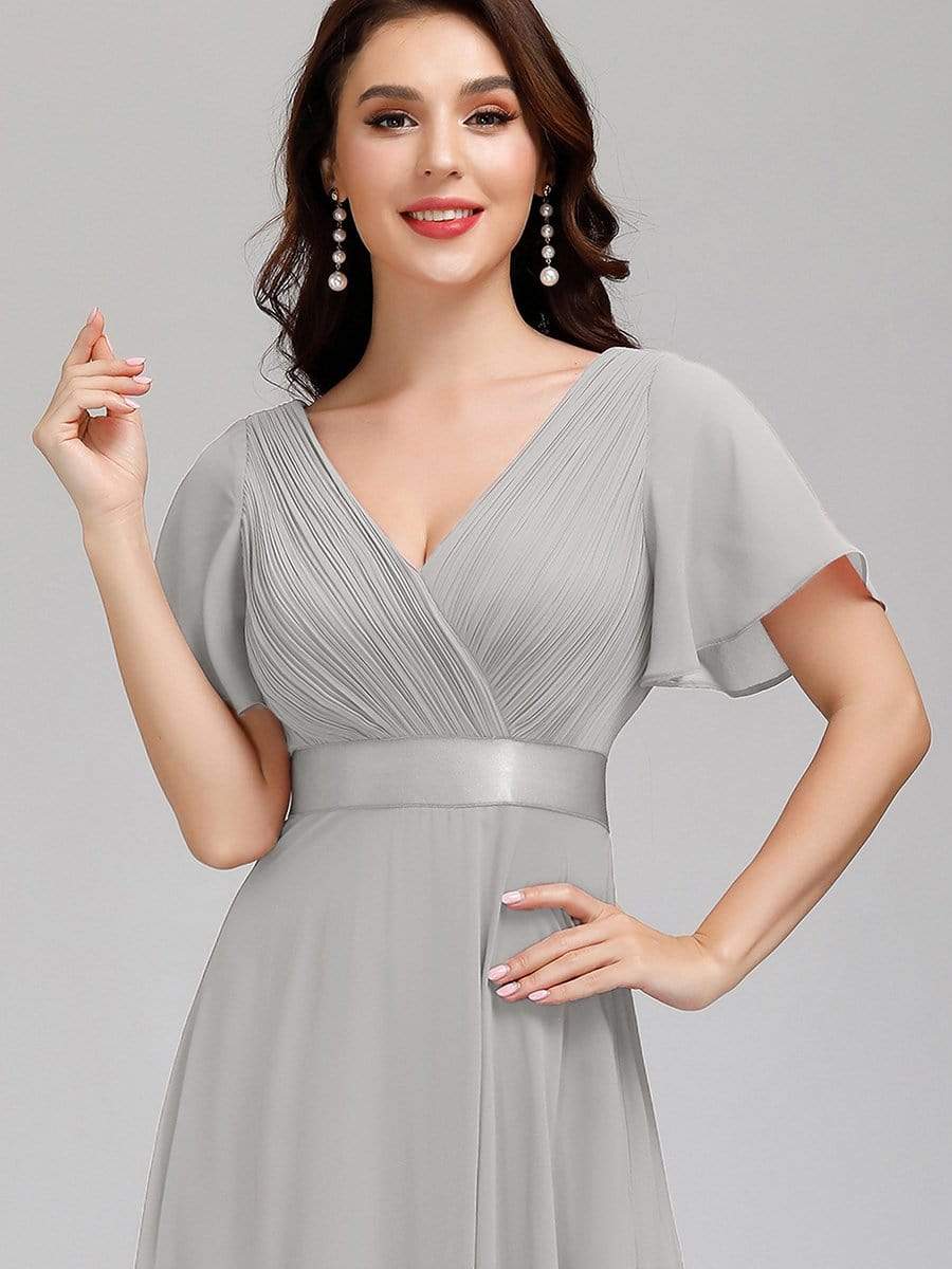 COLOR=Grey | Long Empire Waist Evening Dress With Short Flutter Sleeves-Grey 5 COLOR=Grey | Long Empire Waist Evening Dress With Short Flutter Sleeves-Grey 5