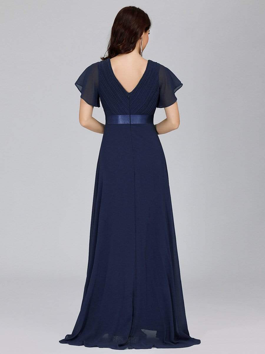 COLOR=Navy Blue | Long Empire Waist Evening Dress With Short Flutter Sleeves-Navy Blue 3 COLOR=Navy Blue | Long Empire Waist Evening Dress With Short Flutter Sleeves-Navy Blue 3