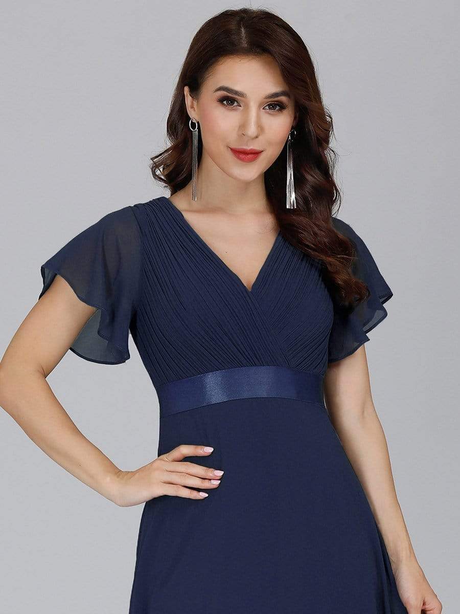 COLOR=Navy Blue | Long Empire Waist Evening Dress With Short Flutter Sleeves-Navy Blue 6