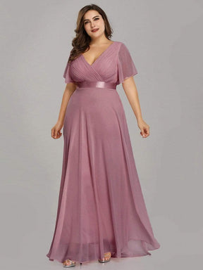 COLOR=Purple Orchid | Long Empire Waist Evening Dress With Short Flutter Sleeves-Purple Orchid 8