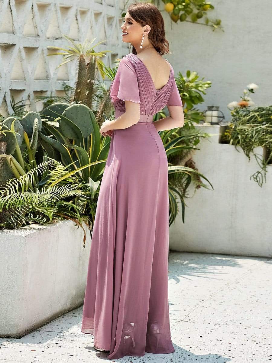 COLOR=Purple Orchid | Long Empire Waist Evening Dress With Short Flutter Sleeves-Purple Orchid 5 COLOR=Purple Orchid | Long Empire Waist Evening Dress With Short Flutter Sleeves-Purple Orchid 5