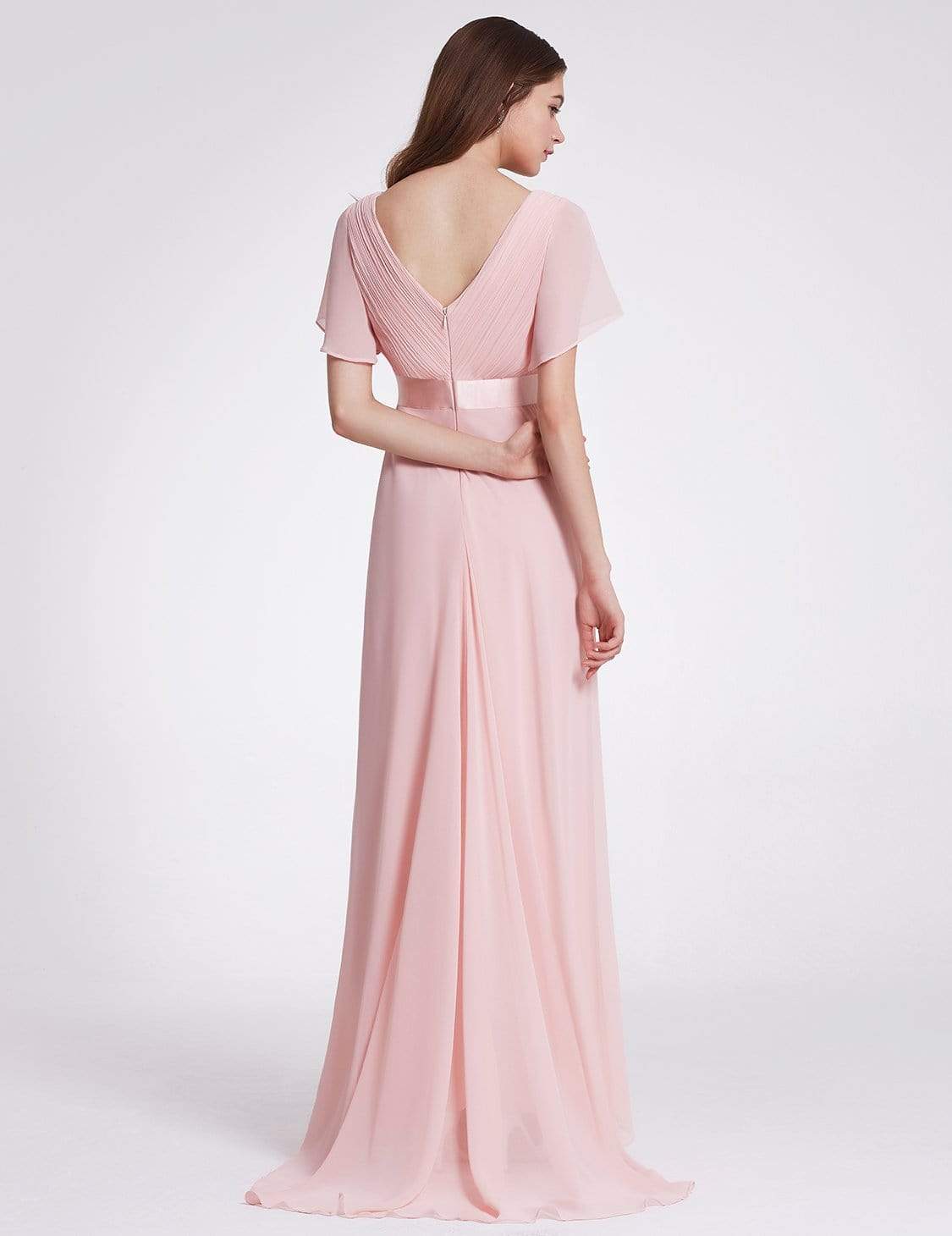 COLOR=Pink | Long Empire Waist Evening Dress With Short Flutter Sleeves-Pink 4 COLOR=Pink | Long Empire Waist Evening Dress With Short Flutter Sleeves-Pink 4