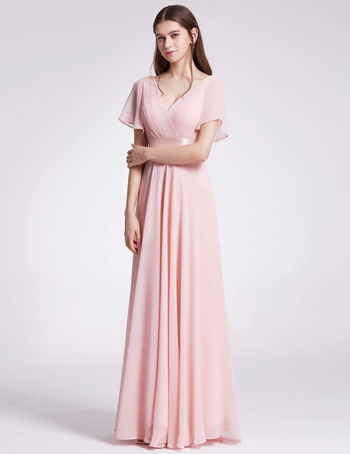 COLOR=Pink | Long Empire Waist Evening Dress With Short Flutter Sleeves-Pink 3 COLOR=Pink | Long Empire Waist Evening Dress With Short Flutter Sleeves-Pink 3