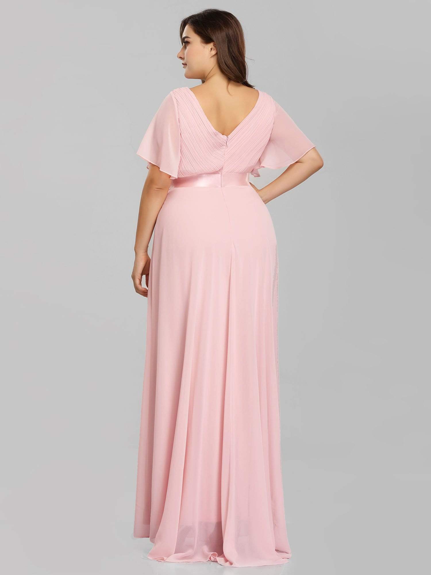 COLOR=Pink | Long Empire Waist Evening Dress With Short Flutter Sleeves-Pink 7 COLOR=Pink | Long Empire Waist Evening Dress With Short Flutter Sleeves-Pink 7