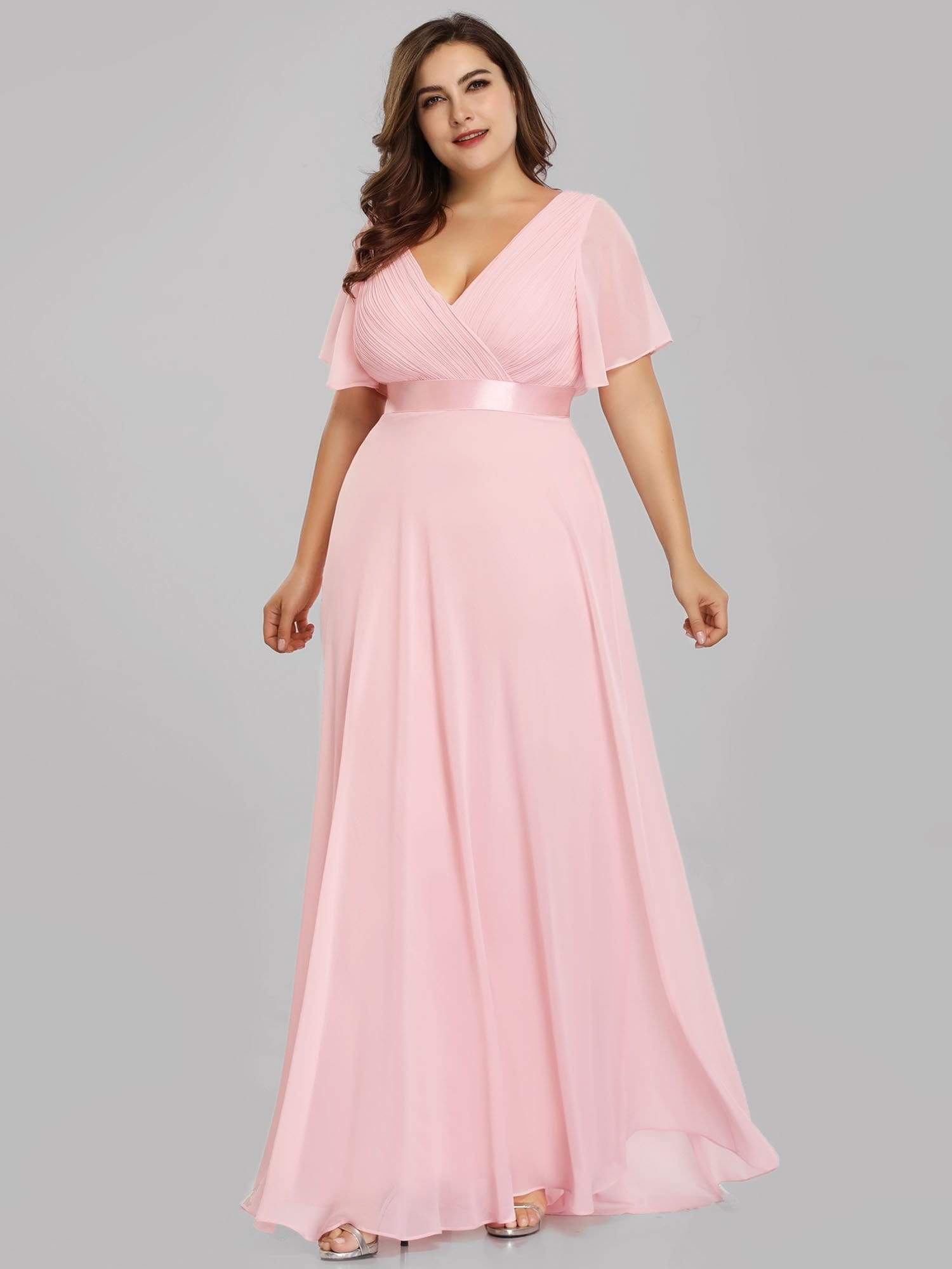 COLOR=Pink | Long Empire Waist Evening Dress With Short Flutter Sleeves-Pink 6 COLOR=Pink | Long Empire Waist Evening Dress With Short Flutter Sleeves-Pink 6