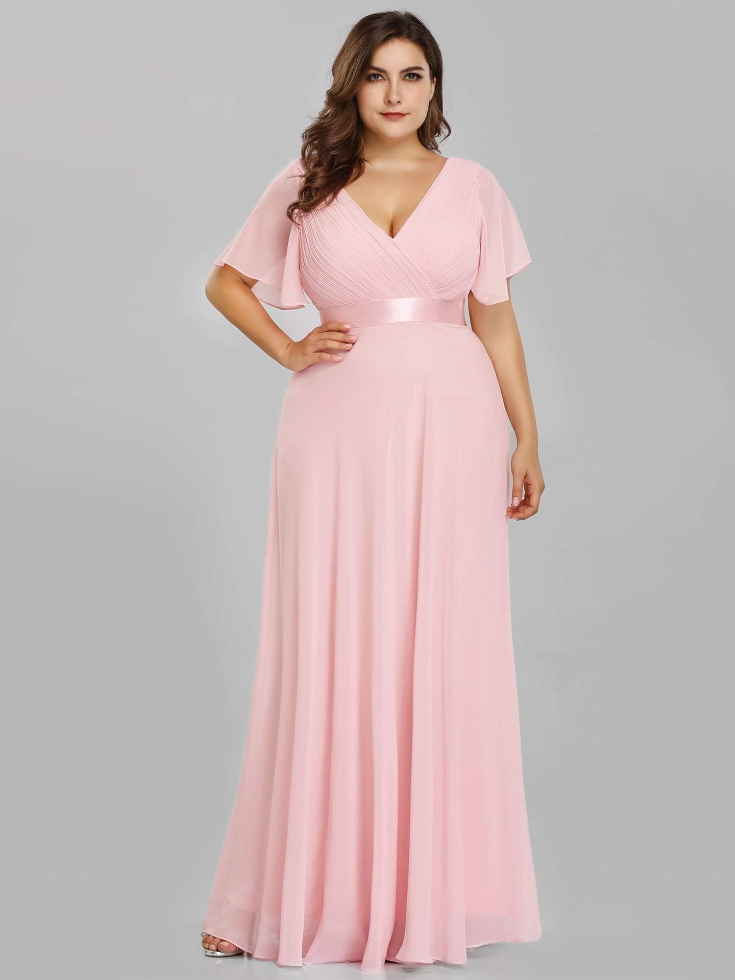 COLOR=Pink | Long Empire Waist Evening Dress With Short Flutter Sleeves-Pink 6 COLOR=Pink | Long Empire Waist Evening Dress With Short Flutter Sleeves-Pink 6
