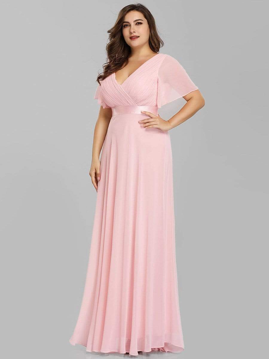 COLOR=Pink | Plus Size Long Empire Waist Evening Dress With Short Flutter Sleeves-Pink 5 COLOR=Pink | Plus Size Long Empire Waist Evening Dress With Short Flutter Sleeves-Pink 5