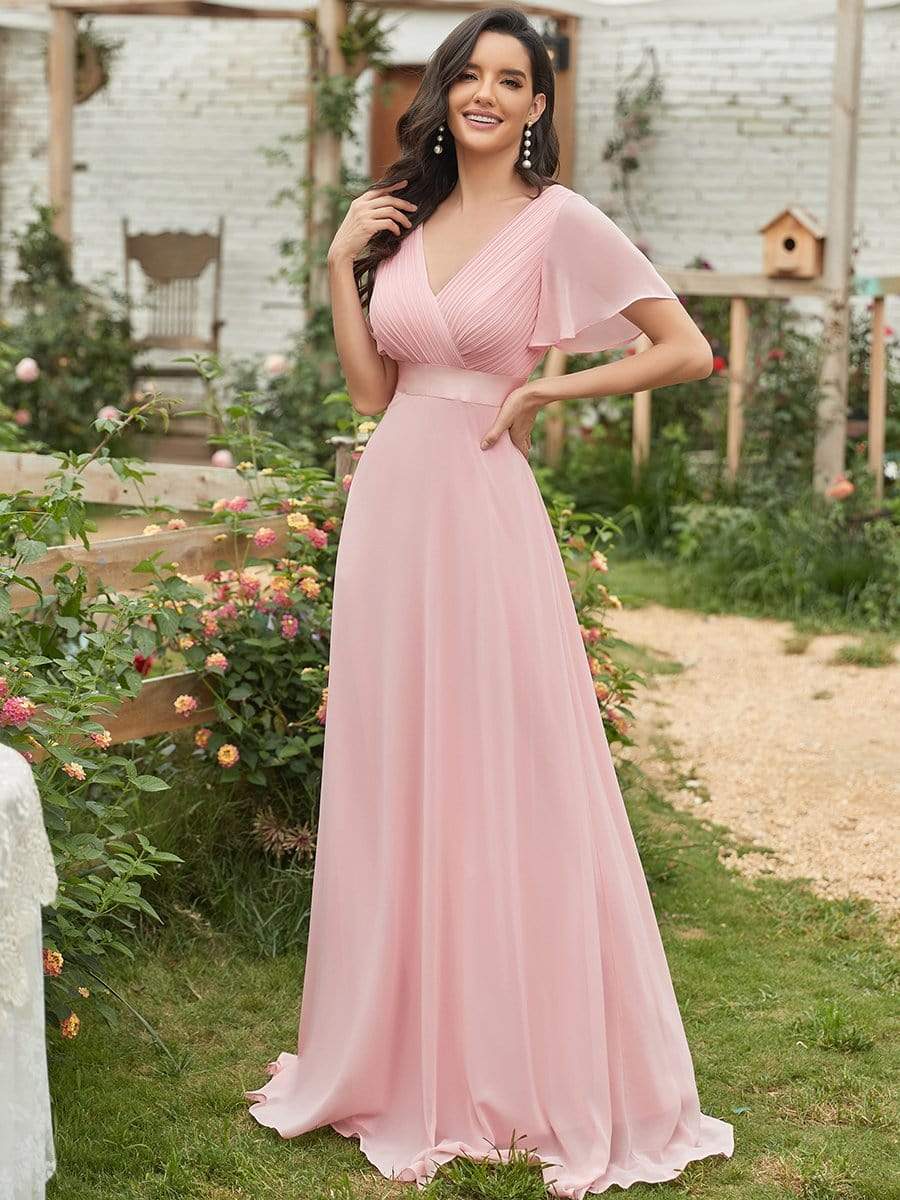 COLOR=Pink | Long Empire Waist Evening Dress With Short Flutter Sleeves-Pink 1 COLOR=Pink | Long Empire Waist Evening Dress With Short Flutter Sleeves-Pink 1