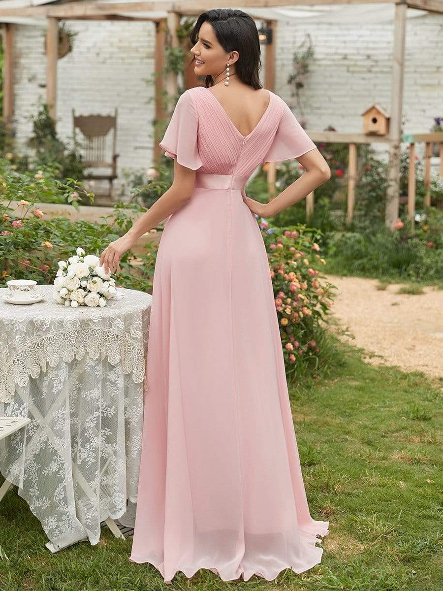 COLOR=Pink | Long Empire Waist Evening Dress With Short Flutter Sleeves-Pink 2 COLOR=Pink | Long Empire Waist Evening Dress With Short Flutter Sleeves-Pink 2