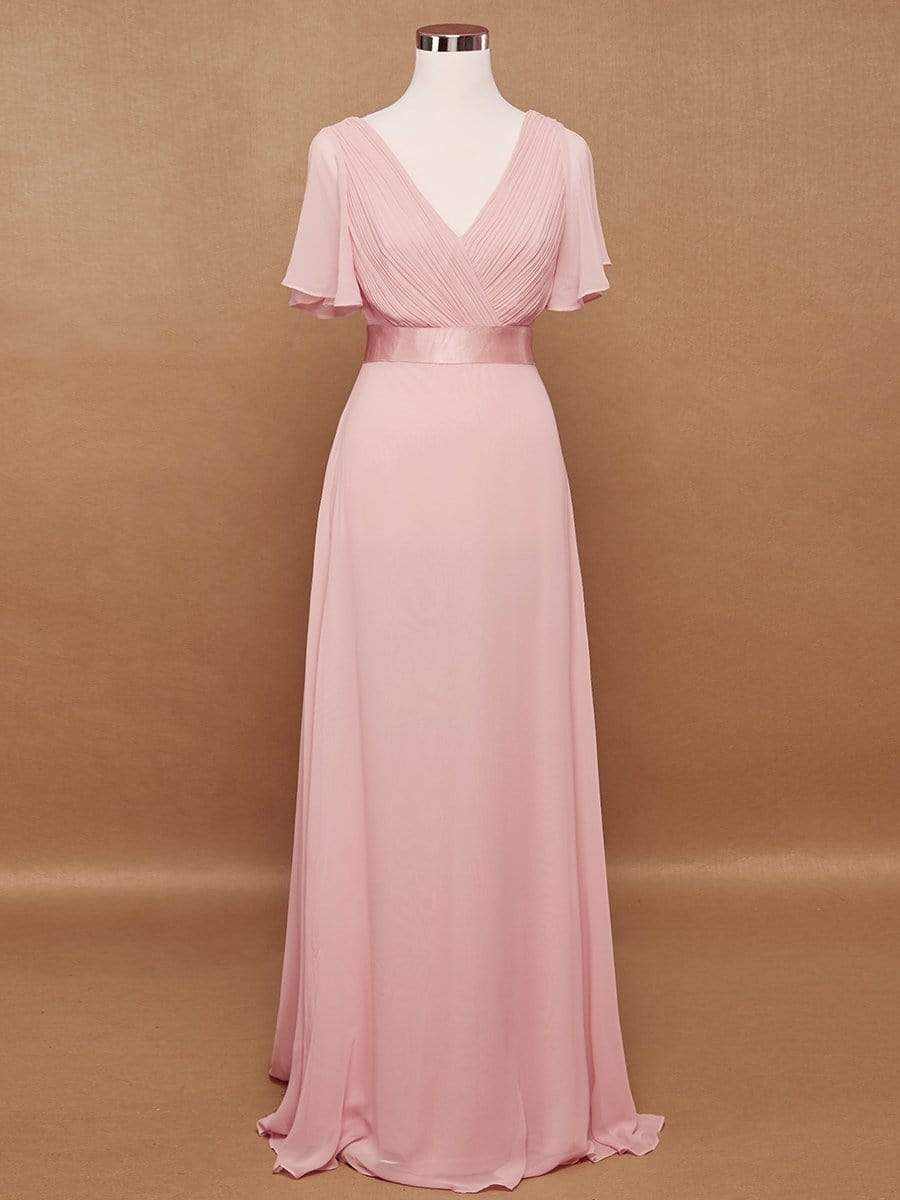 COLOR=Pink | Long Empire Waist Evening Dress With Short Flutter Sleeves-Pink 9 COLOR=Pink | Long Empire Waist Evening Dress With Short Flutter Sleeves-Pink 9