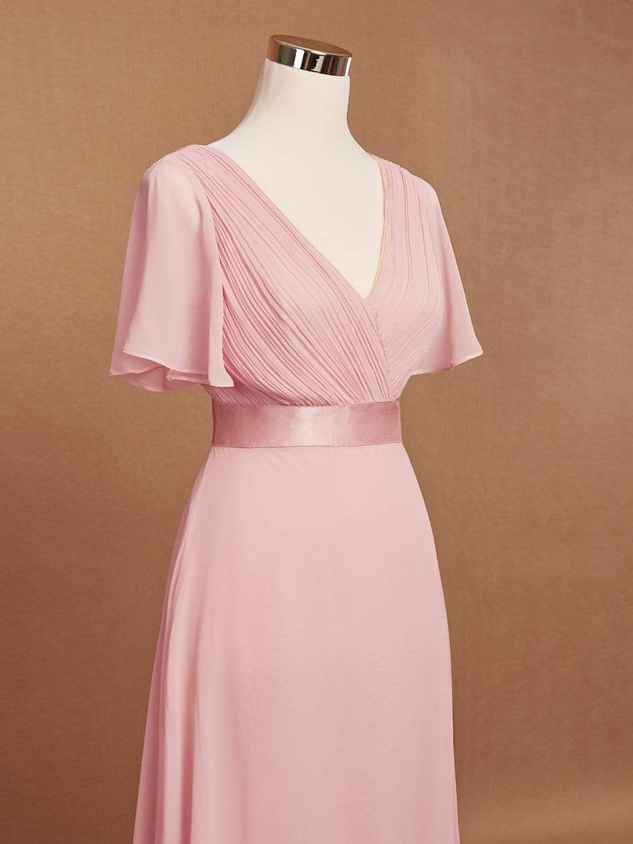 COLOR=Pink | Long Empire Waist Evening Dress With Short Flutter Sleeves-Pink 10 COLOR=Pink | Long Empire Waist Evening Dress With Short Flutter Sleeves-Pink 10