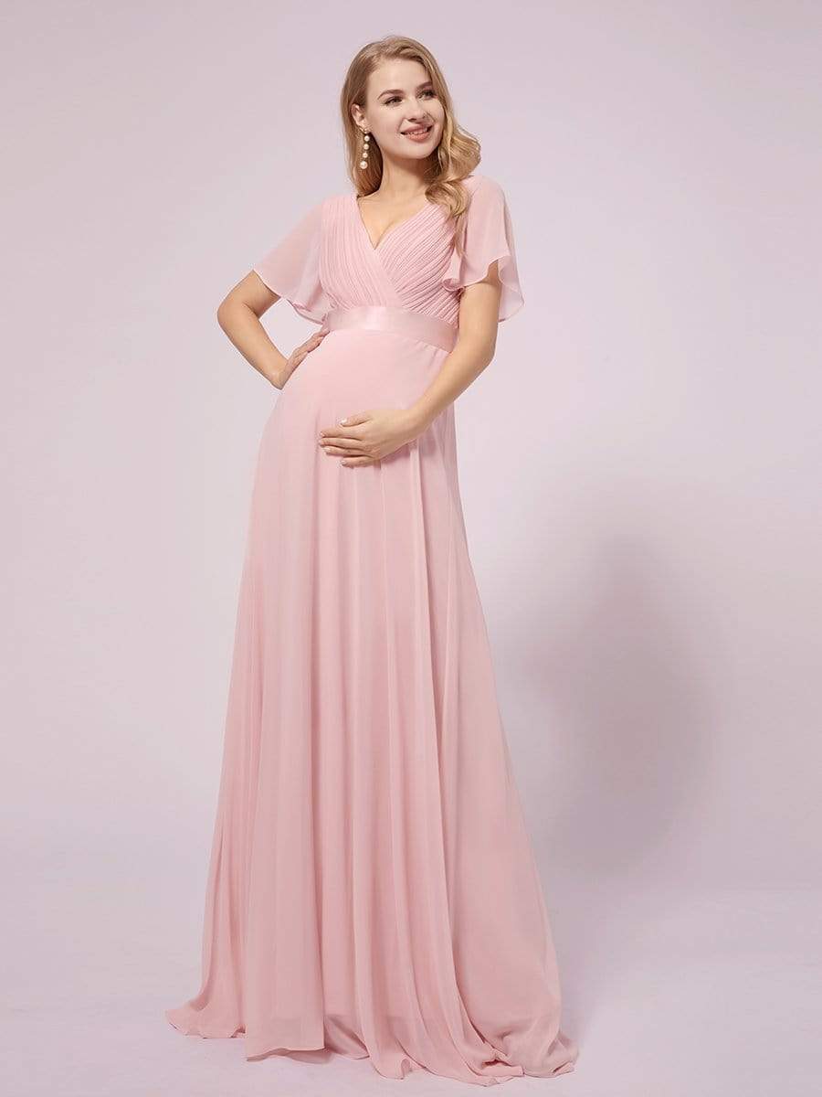 Color=Pink | Simple Chiffon Maternity Dress with Flutter Sleeves-Pink 1 Color=Pink | Simple Chiffon Maternity Dress with Flutter Sleeves-Pink 1
