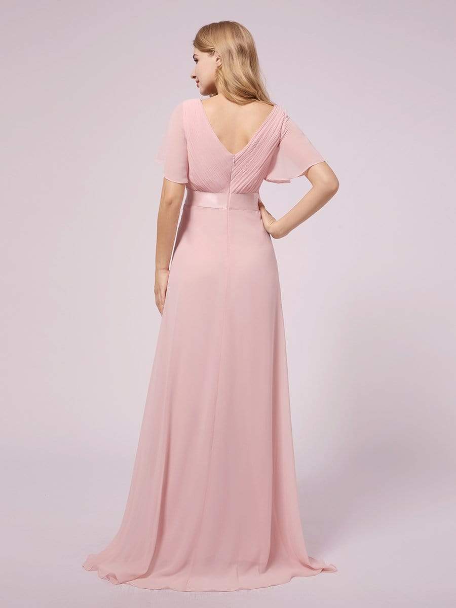 Color=Pink | Simple Chiffon Maternity Dress with Flutter Sleeves-Pink 2