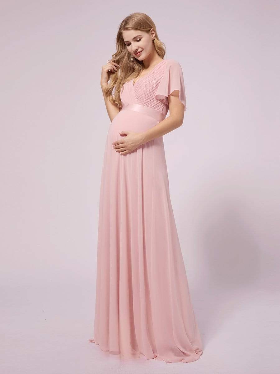 Color=Pink | Simple Chiffon Maternity Dress with Flutter Sleeves-Pink 4 Color=Pink | Simple Chiffon Maternity Dress with Flutter Sleeves-Pink 4
