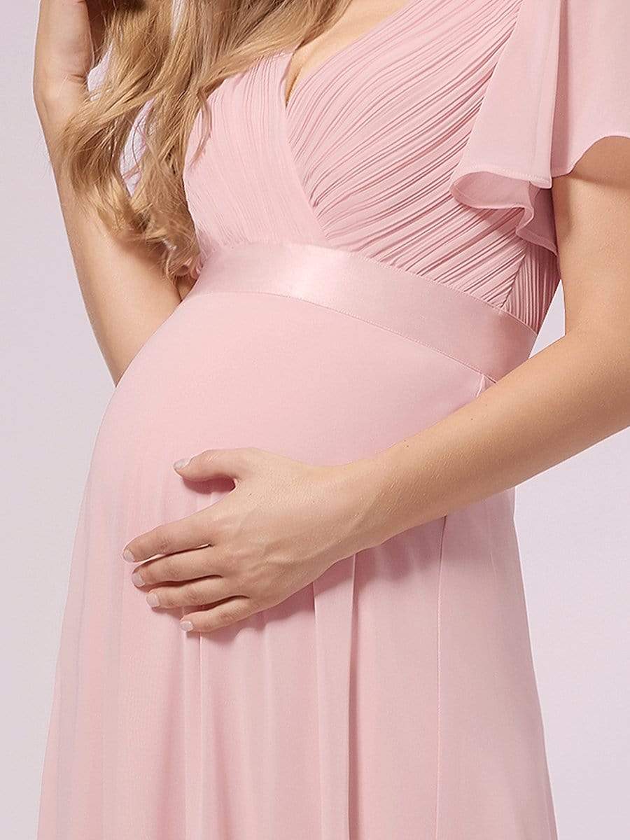 Color=Pink | Simple Chiffon Maternity Dress with Flutter Sleeves-Pink 5 Color=Pink | Simple Chiffon Maternity Dress with Flutter Sleeves-Pink 5