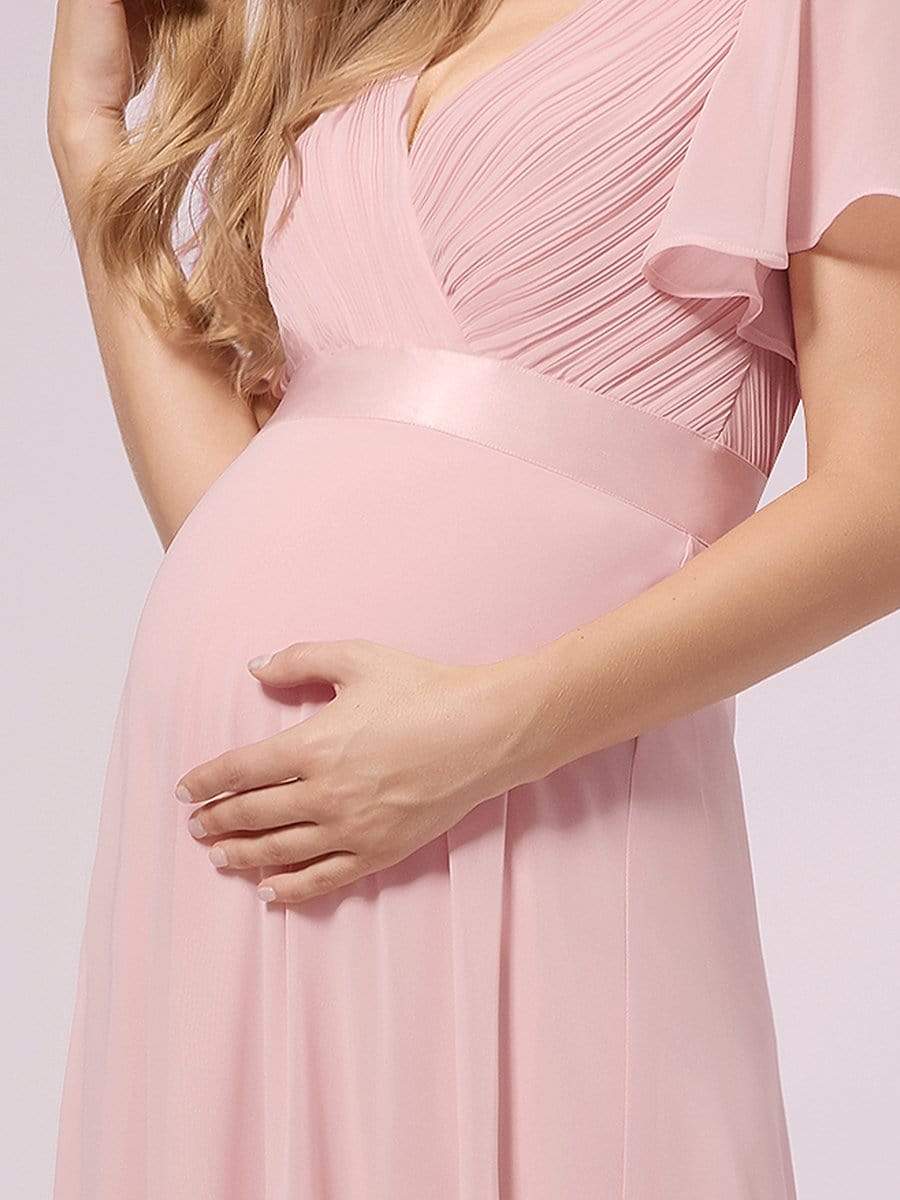 Color=Pink | Simple Chiffon Maternity Dress with Flutter Sleeves-Pink 5