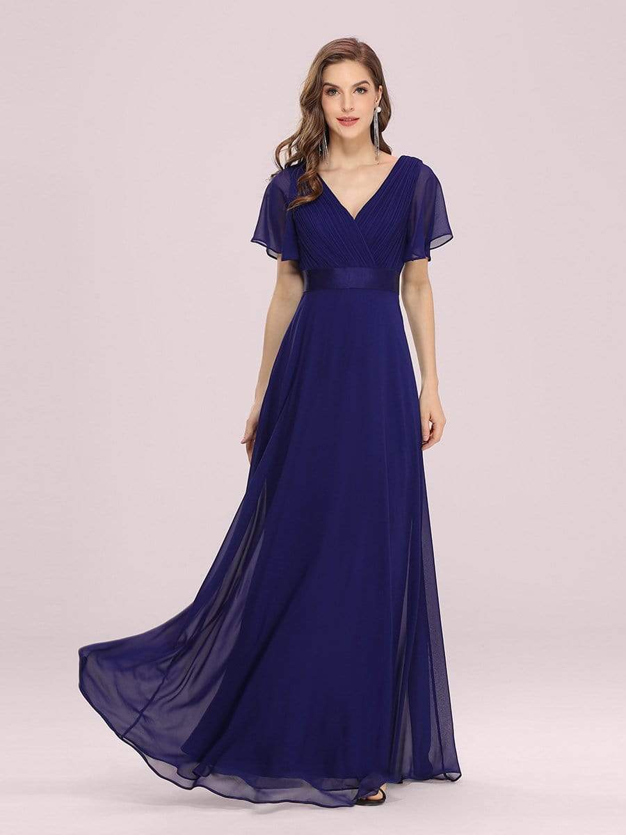 Color=Royal Blue | Long Empire Waist Evening Dress With Short Flutter Sleeves-Royal Blue 5 Color=Royal Blue | Long Empire Waist Evening Dress With Short Flutter Sleeves-Royal Blue 5