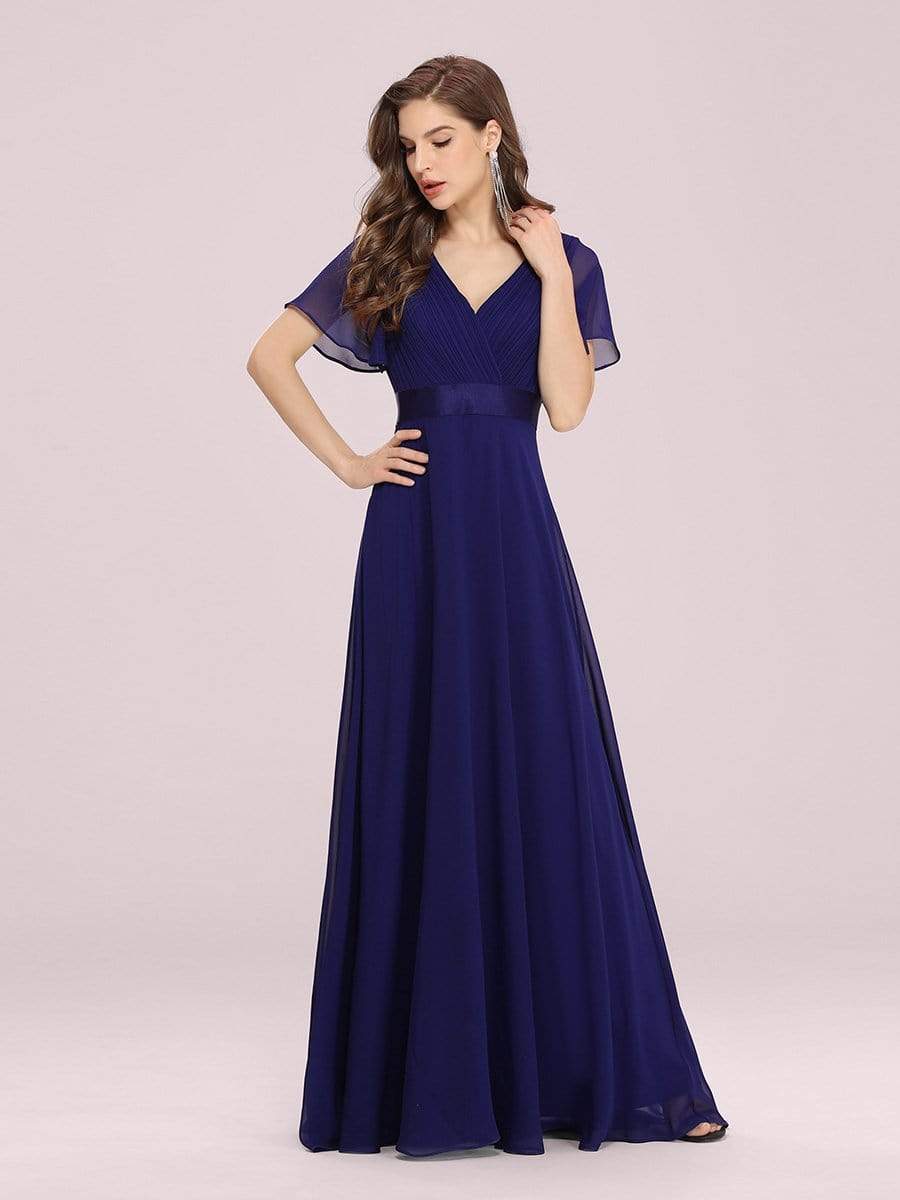 Color=Royal Blue | Long Empire Waist Evening Dress With Short Flutter Sleeves-Royal Blue 6 Color=Royal Blue | Long Empire Waist Evening Dress With Short Flutter Sleeves-Royal Blue 6