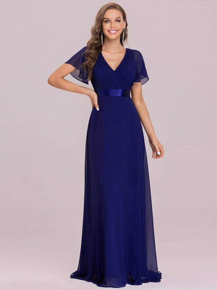 Color=Royal Blue | Long Empire Waist Evening Dress With Short Flutter Sleeves-Royal Blue 1 Color=Royal Blue | Long Empire Waist Evening Dress With Short Flutter Sleeves-Royal Blue 1
