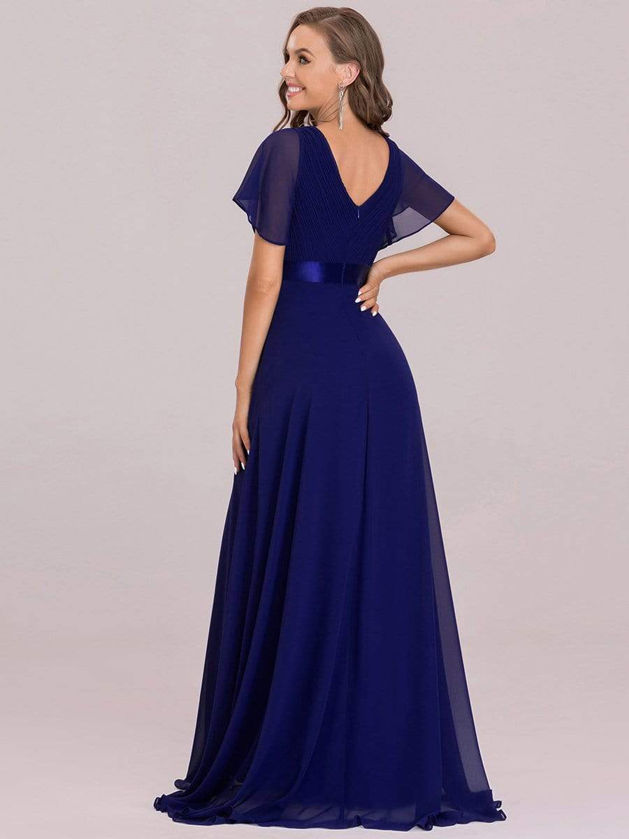 Color=Royal Blue | Long Empire Waist Evening Dress With Short Flutter Sleeves-Royal Blue 2 Color=Royal Blue | Long Empire Waist Evening Dress With Short Flutter Sleeves-Royal Blue 2