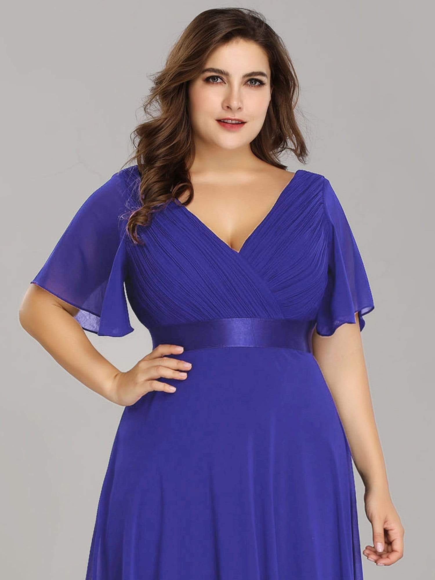 COLOR=Sapphire Blue | Plus Size Long Empire Waist Evening Dress With Short Flutter Sleeves-Sapphire Blue 4 COLOR=Sapphire Blue | Plus Size Long Empire Waist Evening Dress With Short Flutter Sleeves-Sapphire Blue 4