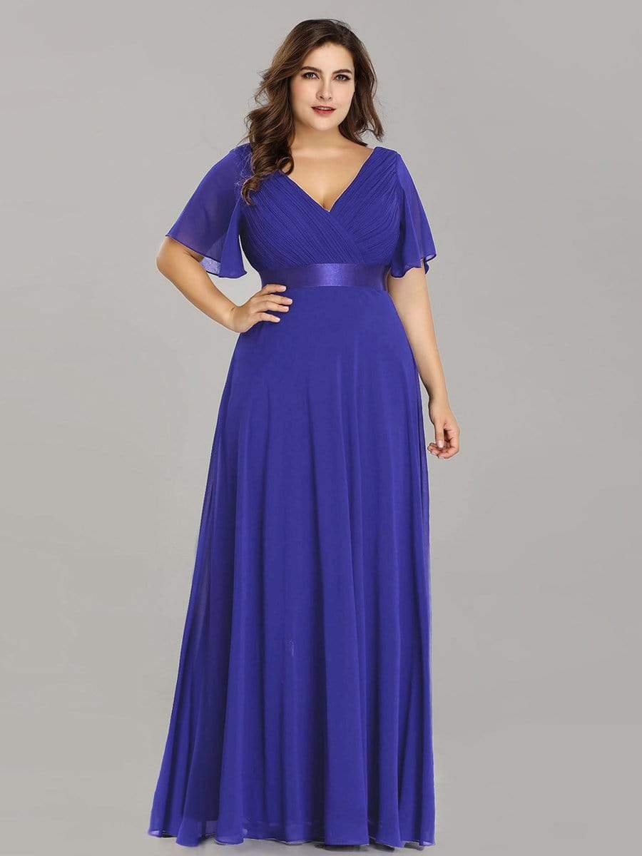 COLOR=Sapphire Blue | Plus Size Long Empire Waist Evening Dress With Short Flutter Sleeves-Sapphire Blue 4 COLOR=Sapphire Blue | Plus Size Long Empire Waist Evening Dress With Short Flutter Sleeves-Sapphire Blue 4