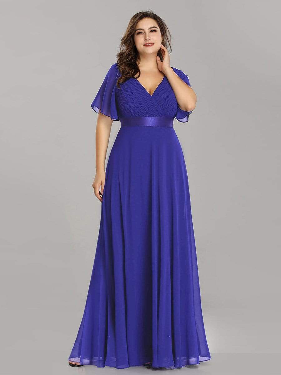 COLOR=Sapphire Blue | Plus Size Long Empire Waist Evening Dress With Short Flutter Sleeves-Sapphire Blue 3 COLOR=Sapphire Blue | Plus Size Long Empire Waist Evening Dress With Short Flutter Sleeves-Sapphire Blue 3