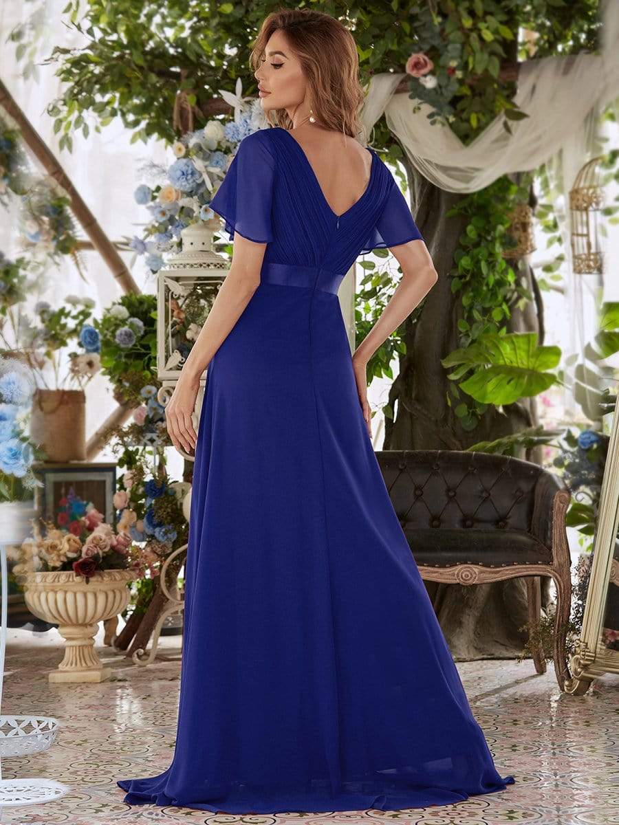 COLOR=Sapphire Blue | Long Empire Waist Evening Dress With Short Flutter Sleeves-Sapphire Blue 2 COLOR=Sapphire Blue | Long Empire Waist Evening Dress With Short Flutter Sleeves-Sapphire Blue 2