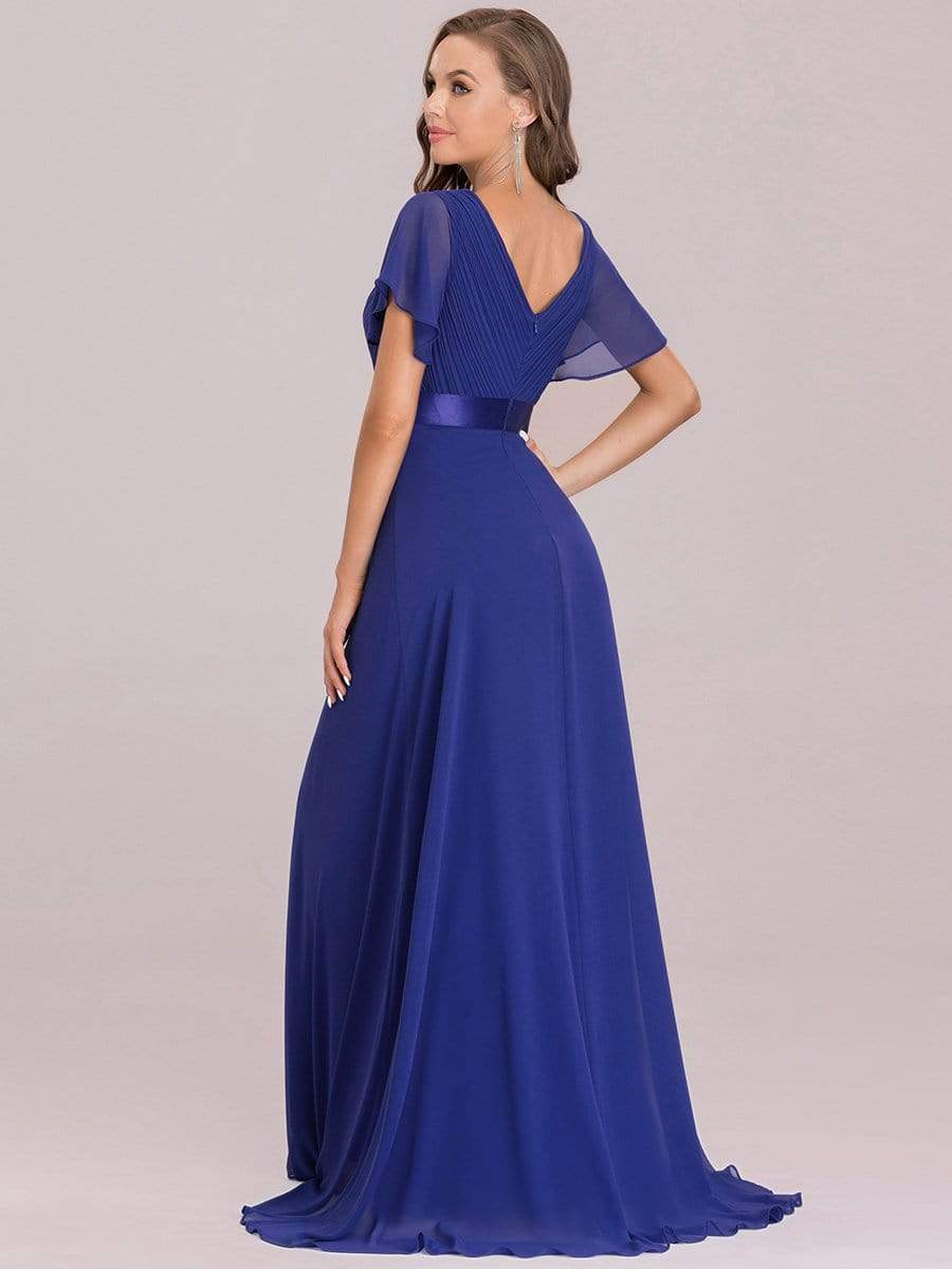 COLOR=Sapphire Blue | Long Empire Waist Evening Dress With Short Flutter Sleeves-Sapphire Blue 4 COLOR=Sapphire Blue | Long Empire Waist Evening Dress With Short Flutter Sleeves-Sapphire Blue 4