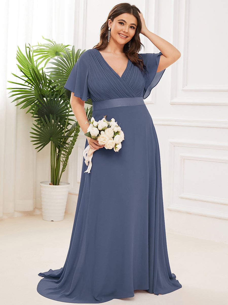 High Waist Short Sleeves Bridesmaid Dress #color_Stormy High Waist Short Sleeves Bridesmaid Dress #color_Stormy