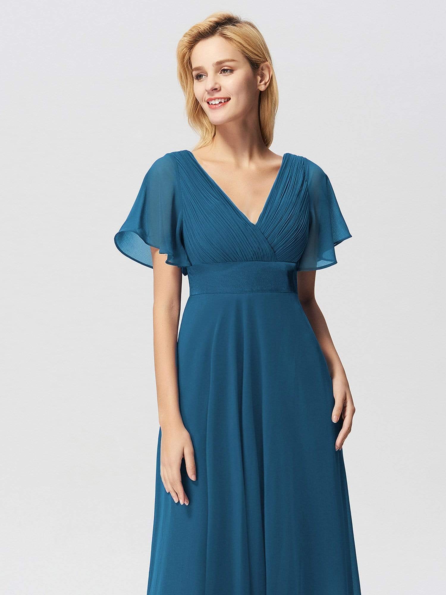 COLOR=Teal | Long Empire Waist Evening Dress With Short Flutter Sleeves-Teal 8 COLOR=Teal | Long Empire Waist Evening Dress With Short Flutter Sleeves-Teal 8