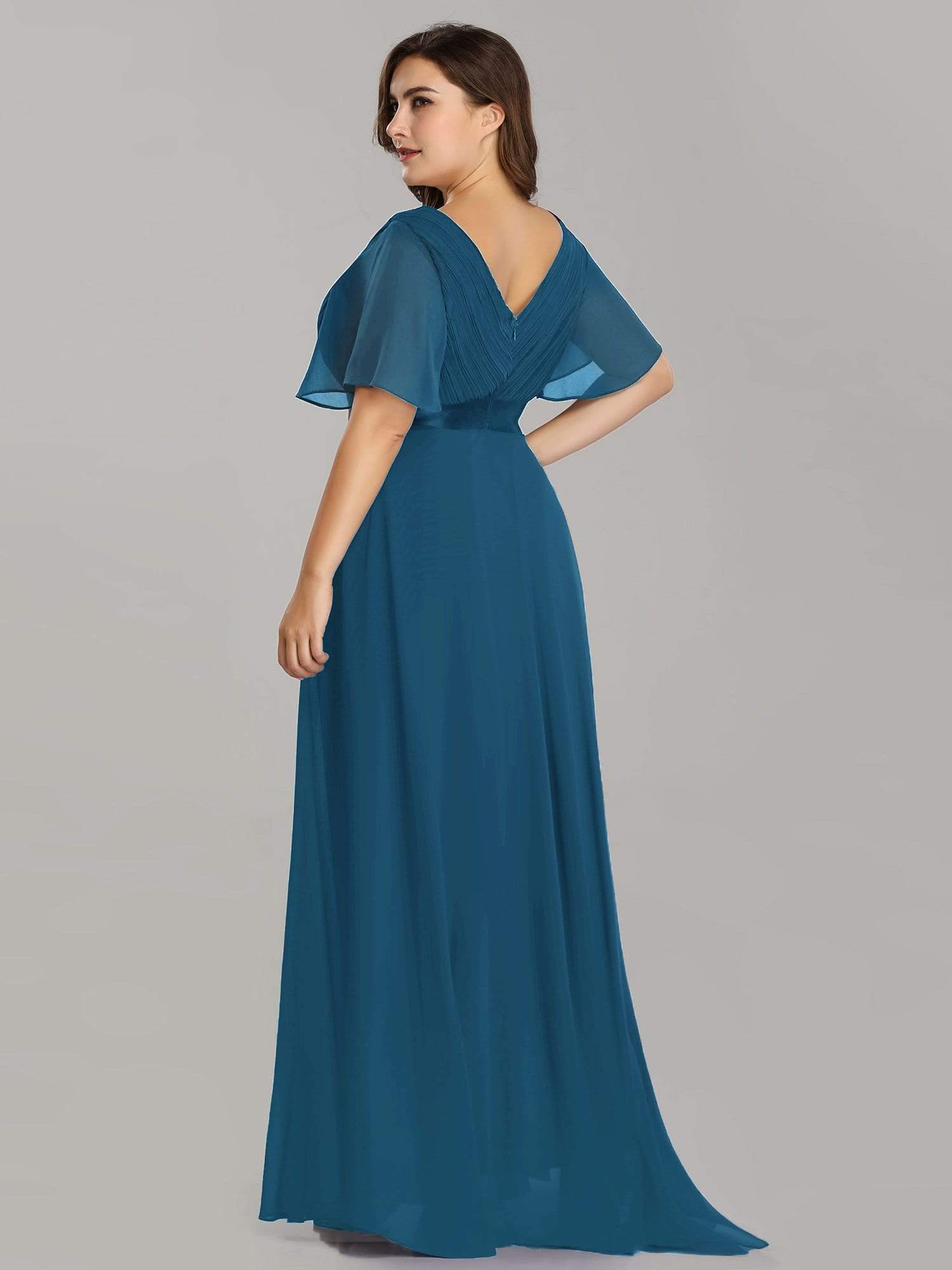 COLOR=Teal | Plus Size Long Empire Waist Evening Dress With Short Flutter Sleeves-Teal 2 COLOR=Teal | Plus Size Long Empire Waist Evening Dress With Short Flutter Sleeves-Teal 2