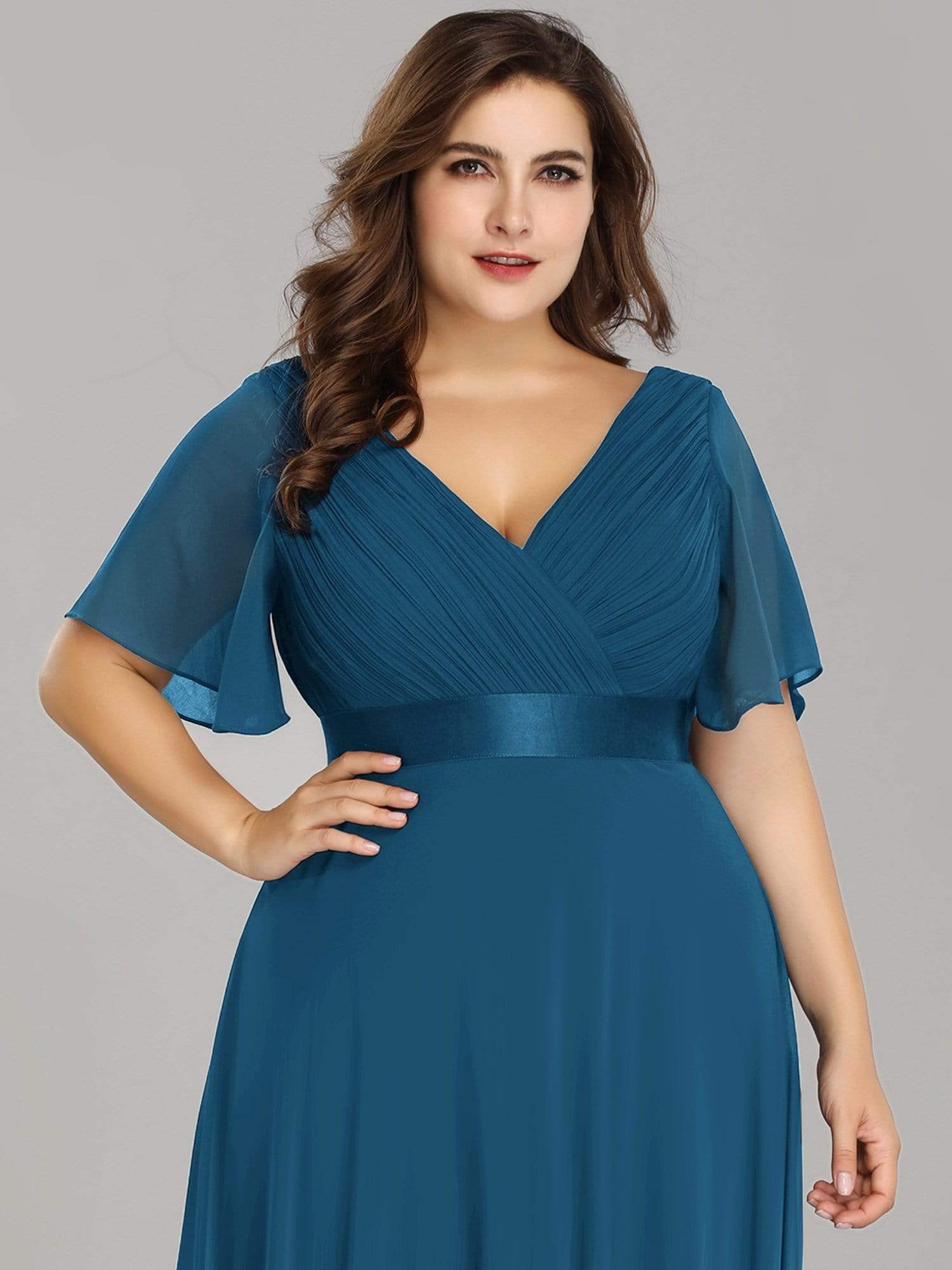 COLOR=Teal | Plus Size Long Empire Waist Evening Dress With Short Flutter Sleeves-Teal 4 COLOR=Teal | Plus Size Long Empire Waist Evening Dress With Short Flutter Sleeves-Teal 4