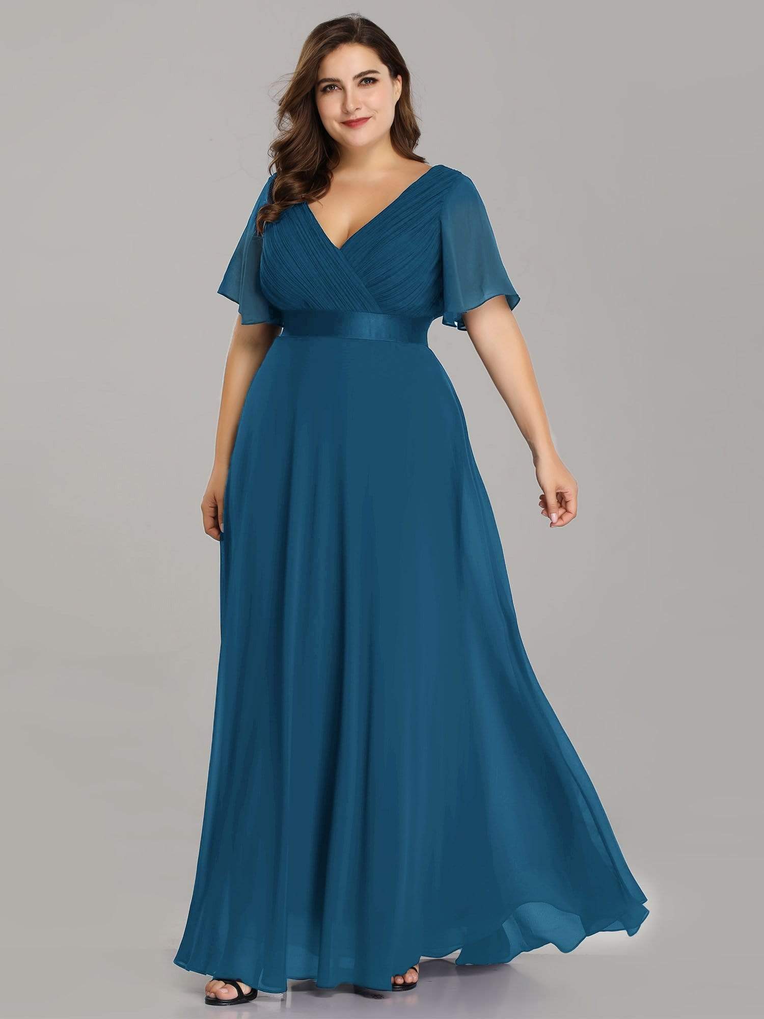 COLOR=Teal | Plus Size Long Empire Waist Evening Dress With Short Flutter Sleeves-Teal 1 COLOR=Teal | Plus Size Long Empire Waist Evening Dress With Short Flutter Sleeves-Teal 1