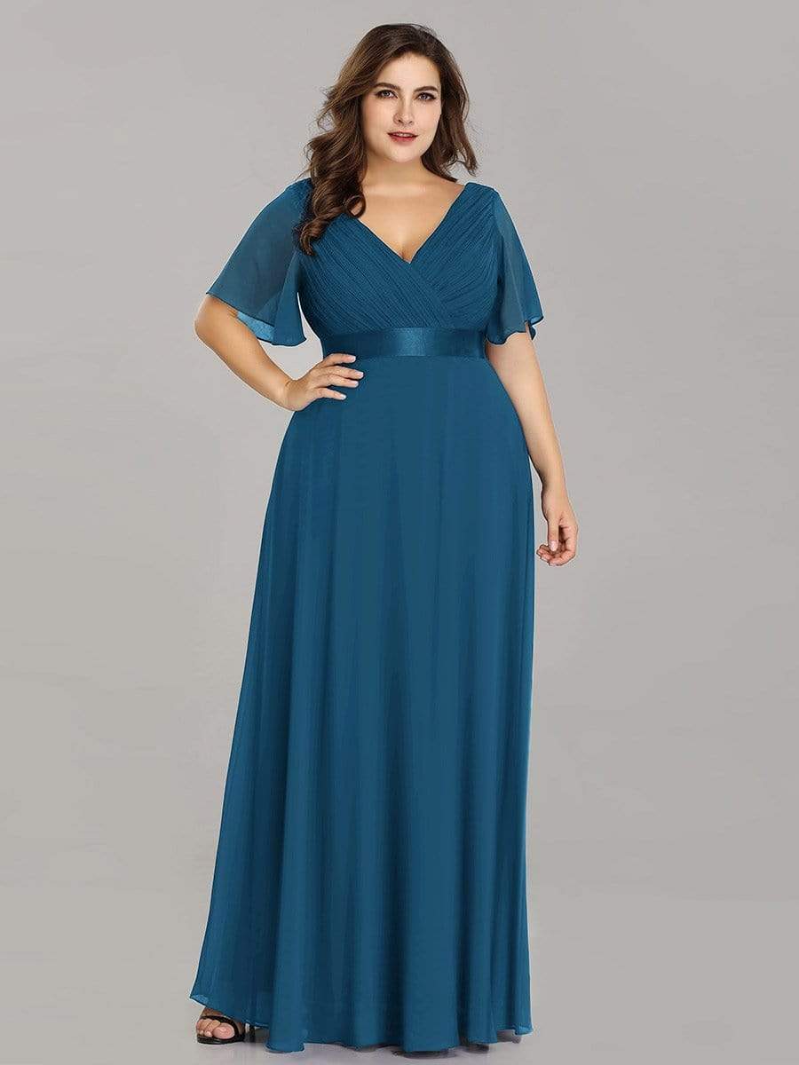 COLOR=Teal | Plus Size Long Empire Waist Evening Dress With Short Flutter Sleeves-Teal 3 COLOR=Teal | Plus Size Long Empire Waist Evening Dress With Short Flutter Sleeves-Teal 3