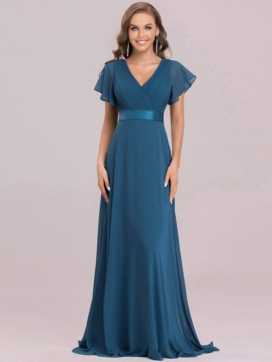 Color=Teal | Long Empire Waist Evening Dress With Short Flutter Sleeves-Teal 6 Color=Teal | Long Empire Waist Evening Dress With Short Flutter Sleeves-Teal 6