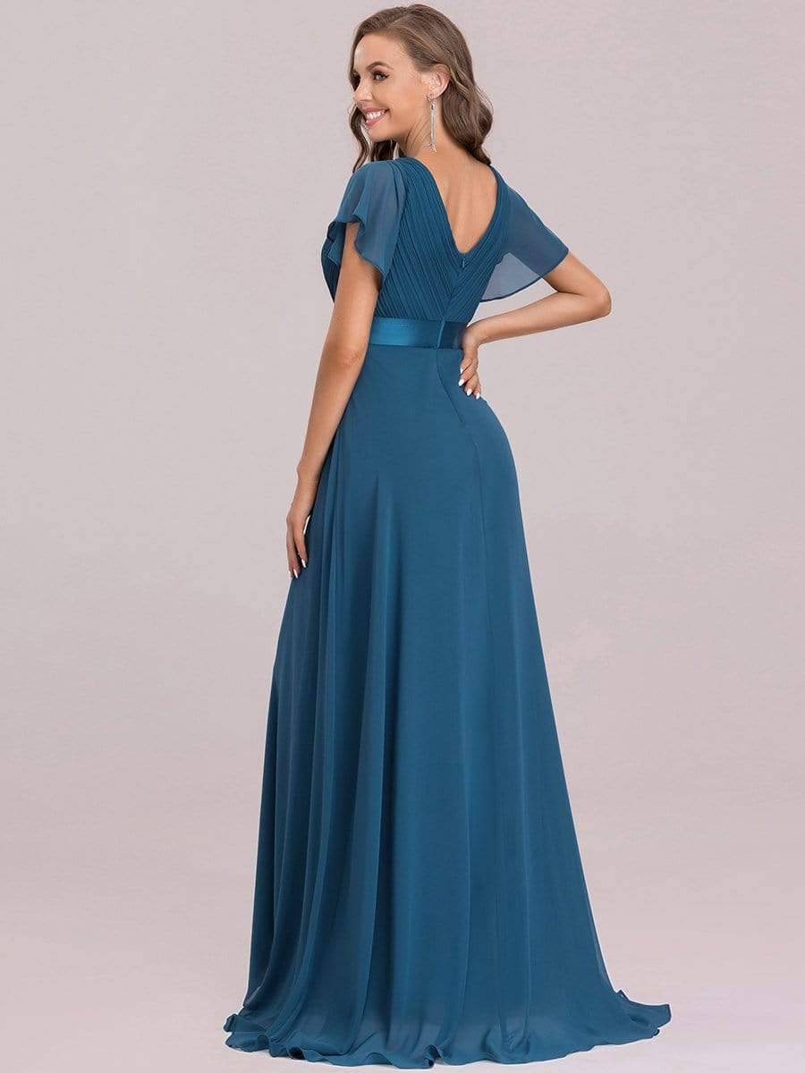 Color=Teal | Long Empire Waist Evening Dress With Short Flutter Sleeves-Teal 7 Color=Teal | Long Empire Waist Evening Dress With Short Flutter Sleeves-Teal 7